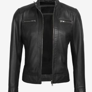 Alternative view of Womens Black Cafe Racer Leather Jacket