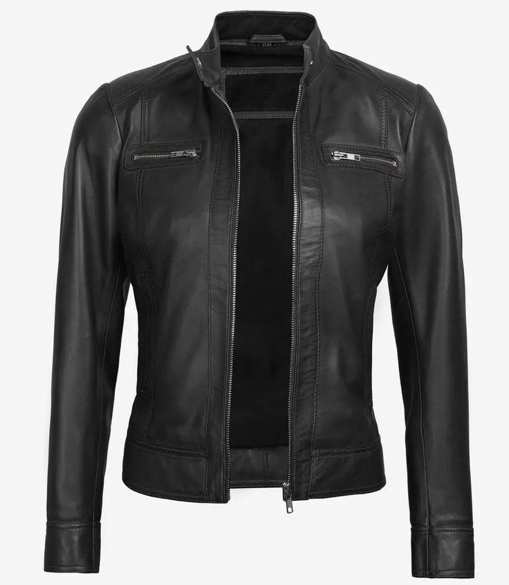 Womens Black Cafe Racer Leather Jacket - Image 2