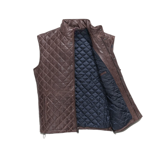 Mens Quilted Brown Leather Vest - Image 3
