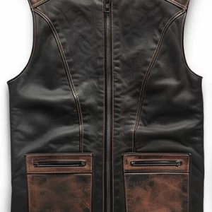 Men's Brown Black Distressed Motorcycle Leather Vest