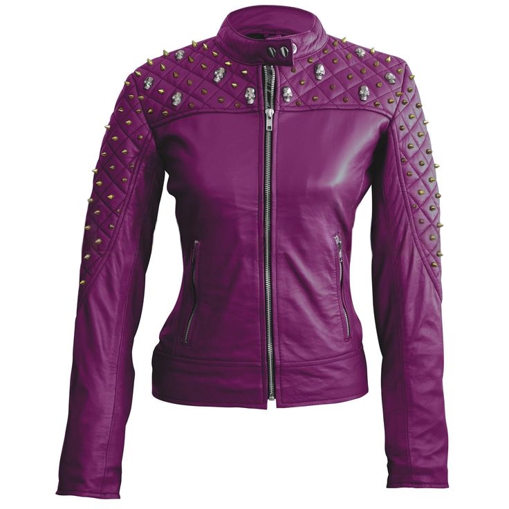 Women's Purple Quilted Gold Studded Leather Jacket